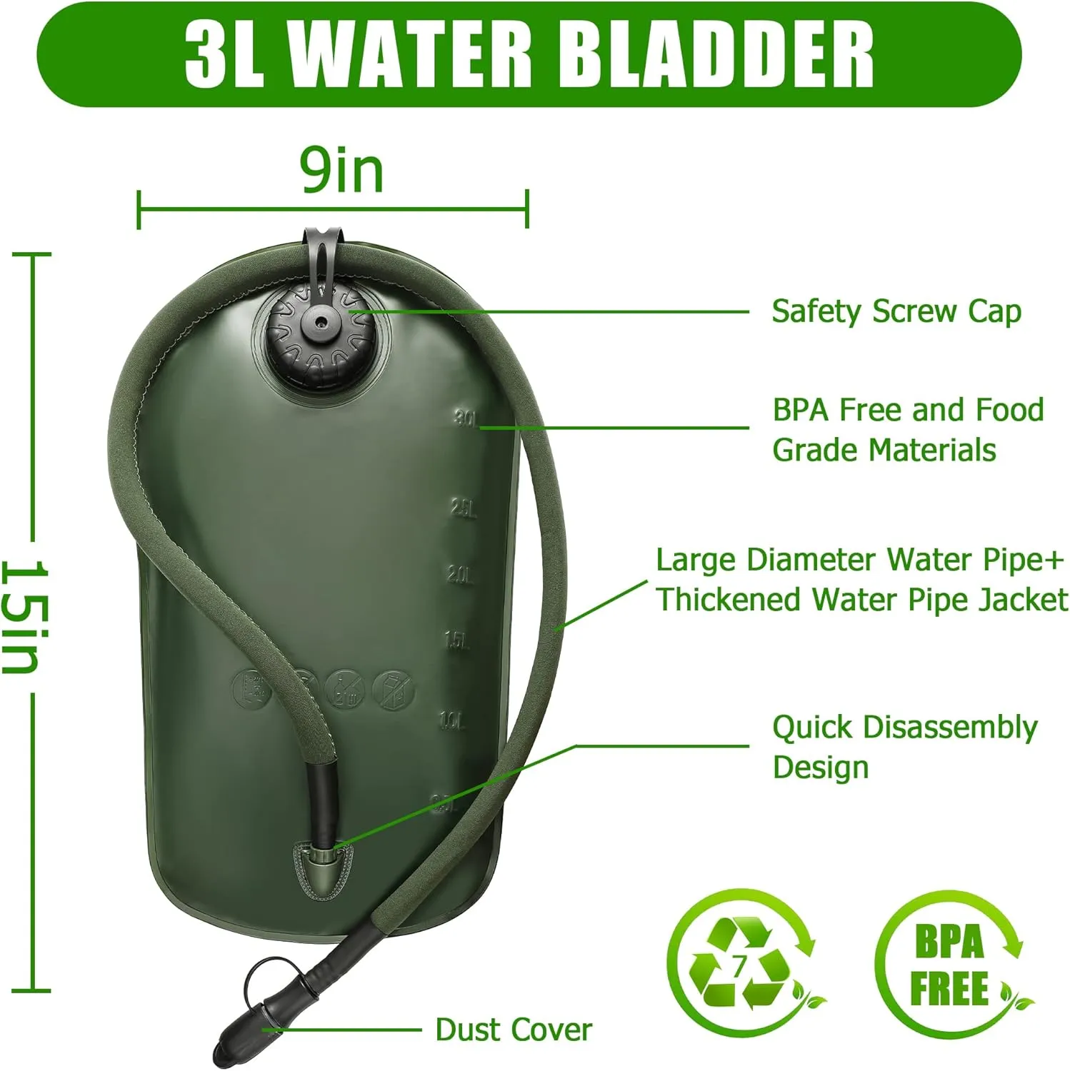 1050D Tactical Hydration Backpack with 3L Water Bladder, Military Molle Water Backpack for Men & Women, Hydration Pack for Hiking, Biking, Running, Climbing, Daily Use