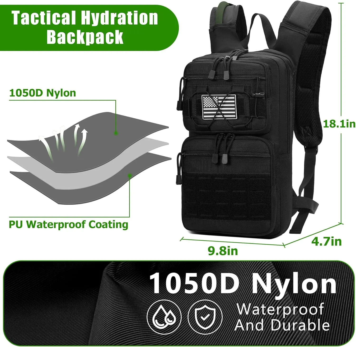 1050D Tactical Hydration Backpack with 3L Water Bladder, Military Molle Water Backpack for Men & Women, Hydration Pack for Hiking, Biking, Running, Climbing, Daily Use