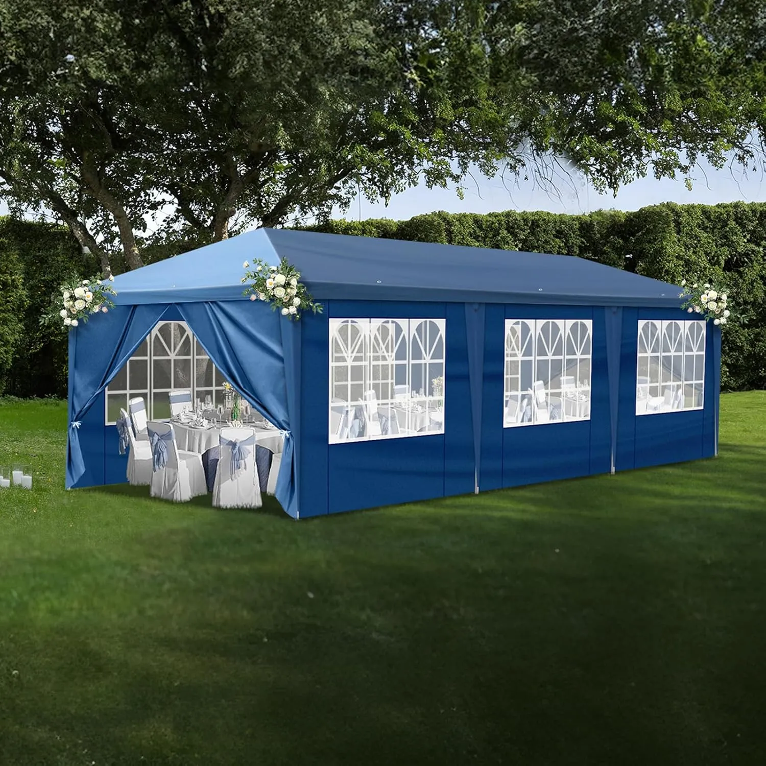 10x30ft Outdoor Pop Up Canopy, Portable Instant Canopy Tent with 8 Sidewalls, Waterproof Wedding Canopies, Large Party Tent Event Shelter Gazebo with Wheeled Carry Bag for BBQ, Birthday, Events, Blue