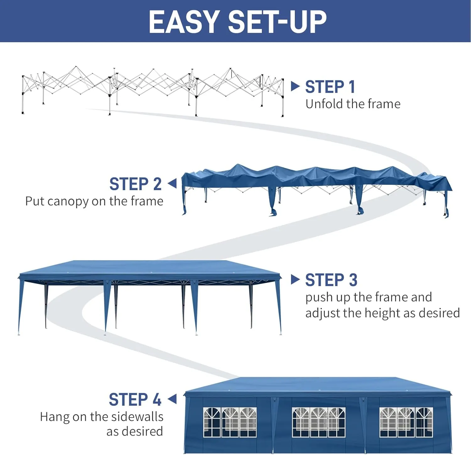 10x30ft Outdoor Pop Up Canopy, Portable Instant Canopy Tent with 8 Sidewalls, Waterproof Wedding Canopies, Large Party Tent Event Shelter Gazebo with Wheeled Carry Bag for BBQ, Birthday, Events, Blue