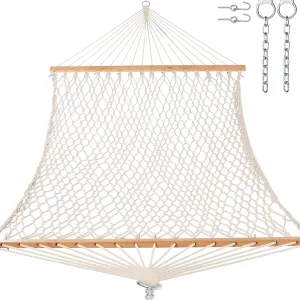 12ft Double Hammocks, Handwoven Traditional Cotton Rope Hammock with Hardwood Spreader Bar, Chains and Hooks for Indoor Outdoor, Max 450 lbs Capacity (Beige, Full)