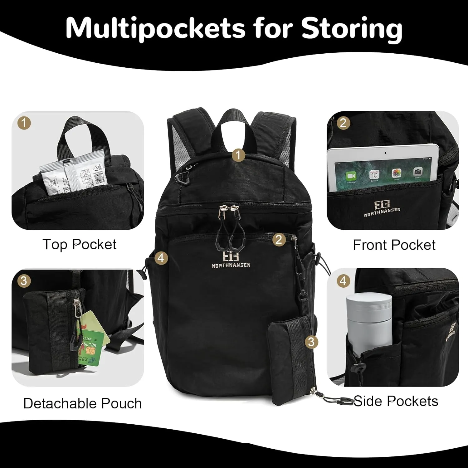 13L Casual Daypack Backpacks, Small Travel Backpack for Men Women, Outdoor Rucking Backpack with Small Pouch, Black