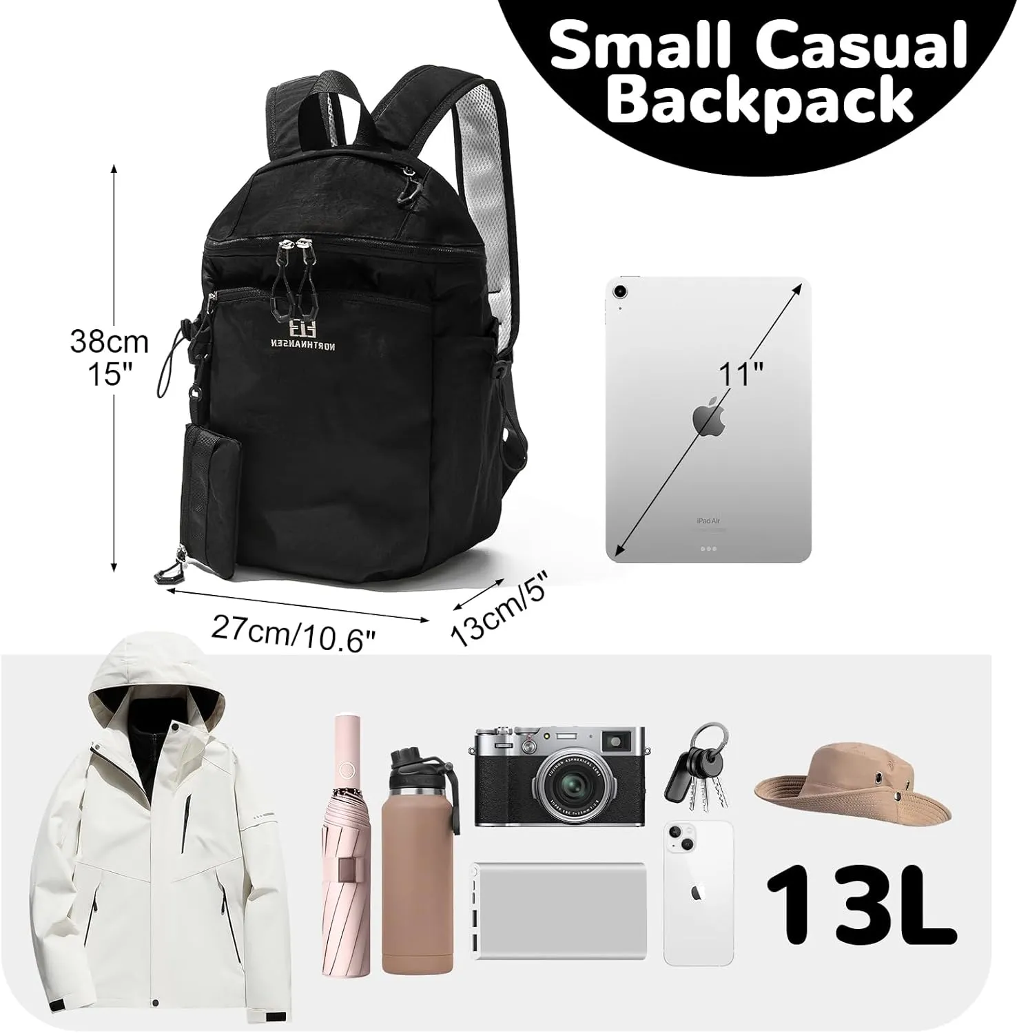 13L Casual Daypack Backpacks, Small Travel Backpack for Men Women, Outdoor Rucking Backpack with Small Pouch, Black