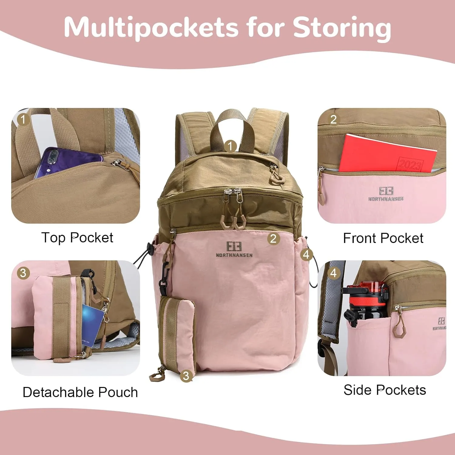 13L Casual Daypack Backpacks, Small Travel Backpack for Men Women, Outdoor Rucking Backpack with Small Pouch, Pink & Brown