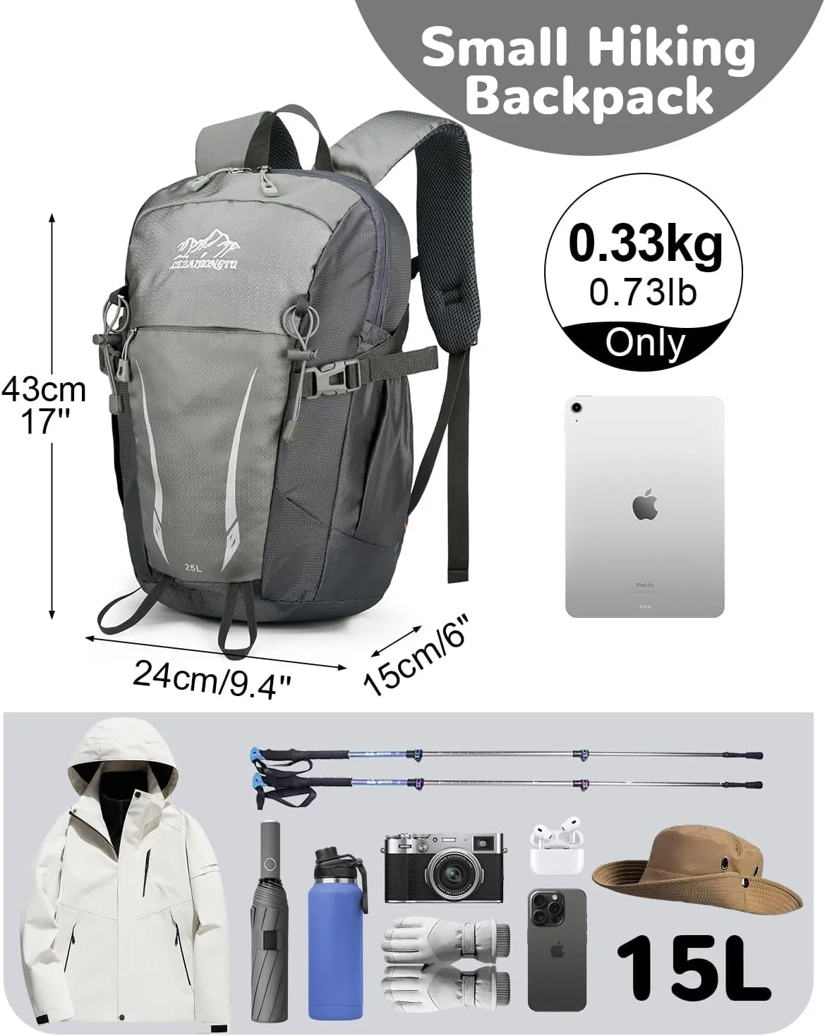 15L Small Hiking Daypack for Men Women, Waterproof Breathable Rucking Hiking Backpack with Chest Strap, Lightweight Travel Backpack for Outdoor, Gray