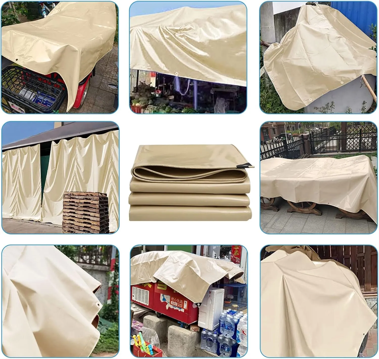 1.5mx6m/2mx2m/2mx3m/2mx4m/3mx6m Beige Heavy Duty Tarpaulin Cover 500g/㎡ PVC Waterproof Tarpaulins Sheet for Rain Shelter, Camping, Outdoor and Pool Tarp Cover, with Metal Grommets(1.5x3m)