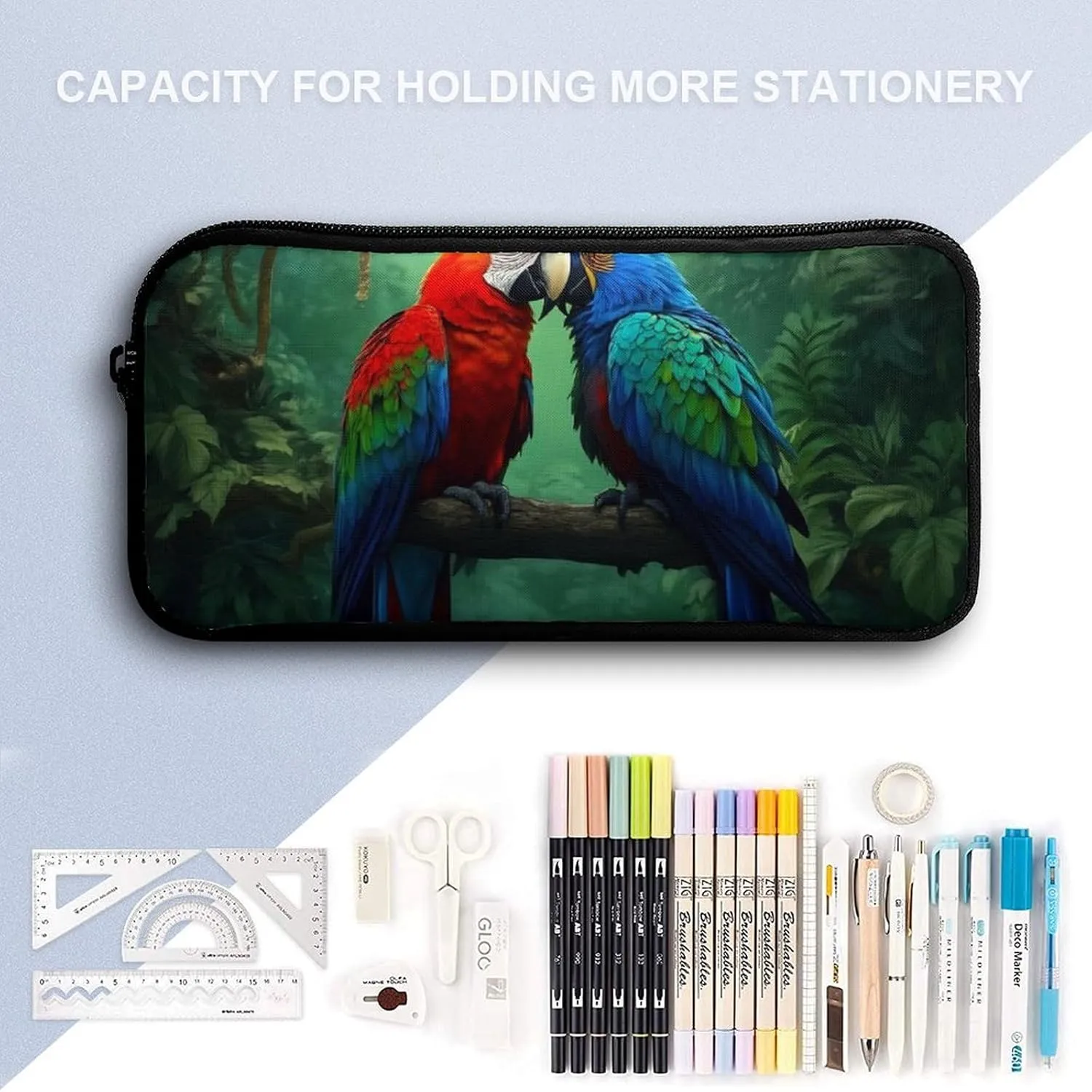 17 Inch Backpack with Lunch Bag and Pencil Case Set Parrot Couple Love Casual Daypack Insulated Lunch Box Stationery Organizer Pouch