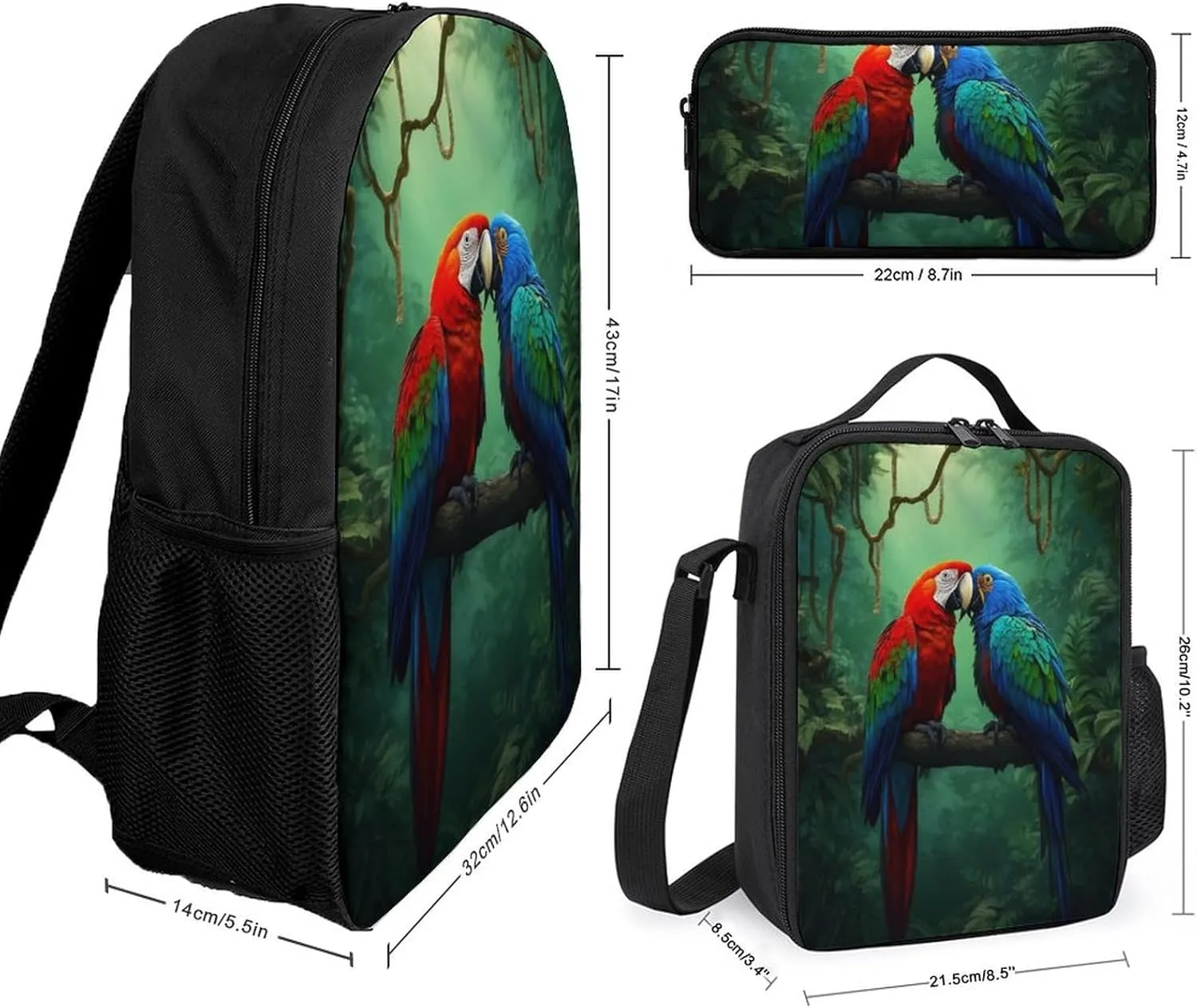 17 Inch Backpack with Lunch Bag and Pencil Case Set Parrot Couple Love Casual Daypack Insulated Lunch Box Stationery Organizer Pouch