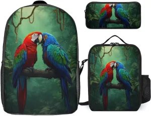 17 Inch Backpack with Lunch Bag and Pencil Case Set Parrot Couple Love Casual Daypack Insulated Lunch Box Stationery Organizer Pouch