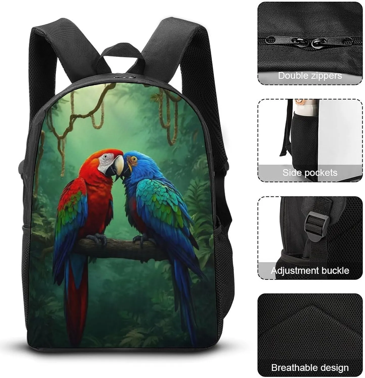 17 Inch Backpack with Lunch Bag and Pencil Case Set Parrot Couple Love Casual Daypack Insulated Lunch Box Stationery Organizer Pouch