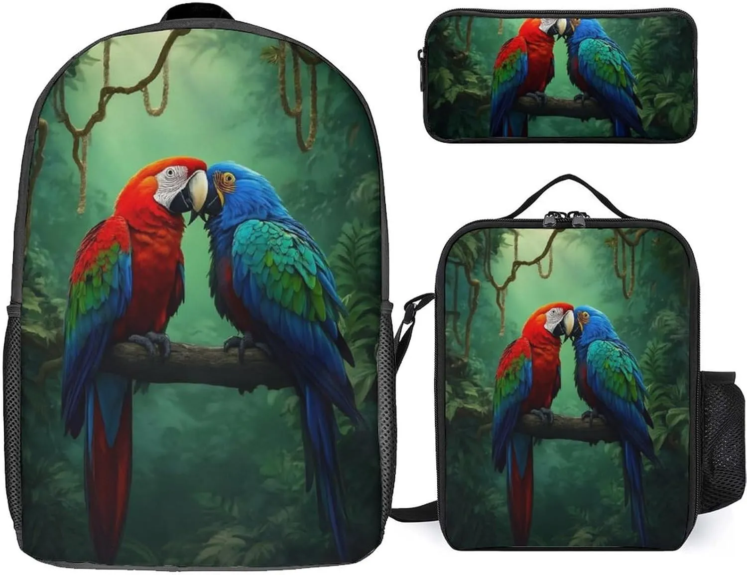 17 Inch Backpack with Lunch Bag and Pencil Case Set Parrot Couple Love Casual Daypack Insulated Lunch Box Stationery Organizer Pouch