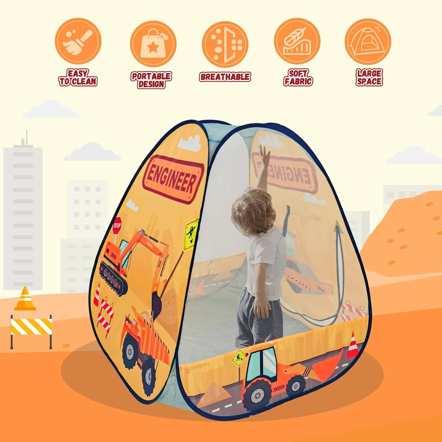 1pc Engineering Car Kids Pop up Play Tent, Ball Pit for Toddlers, Indoor Outdoor Playhouse Castle Toys, Baby Boys Girls for 4 5 6 7 Years Old (Balls Not Included)