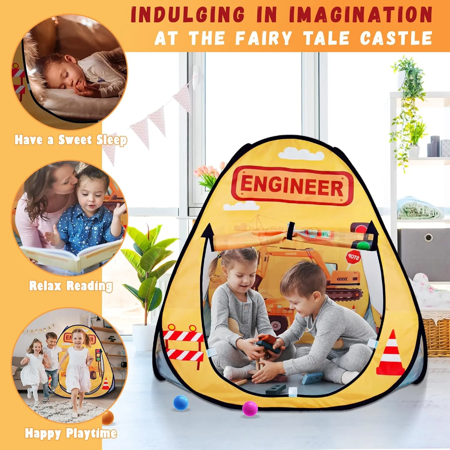 1pc Engineering Car Kids Pop up Play Tent, Ball Pit for Toddlers, Indoor Outdoor Playhouse Castle Toys, Baby Boys Girls for 4 5 6 7 Years Old (Balls Not Included)