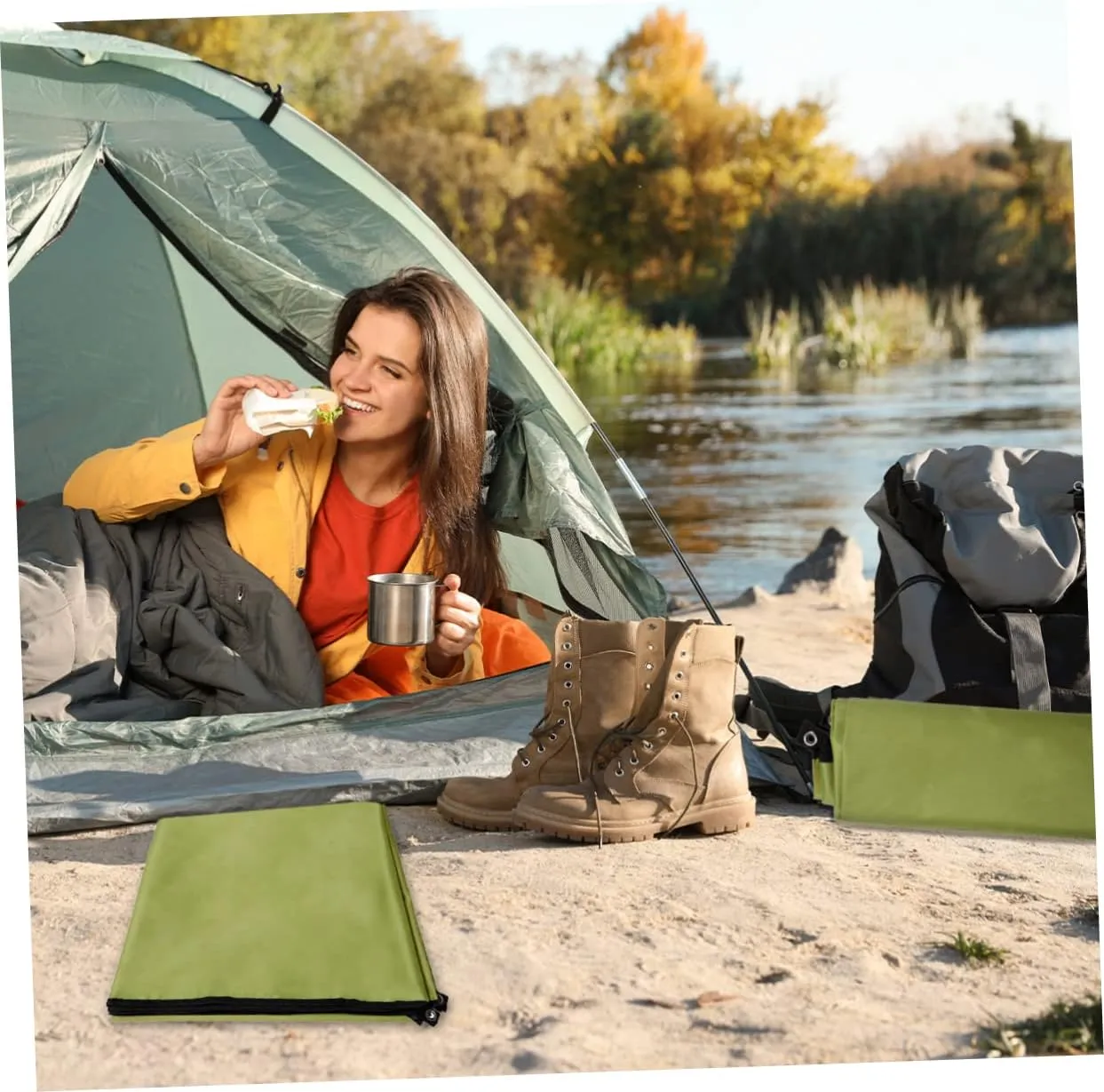 1pc Outdoor Ground Mat Oxford Cloth Camping Tent Blanket Portable Picnic Beach Mat for Hiking Uv Lightweight Army Green