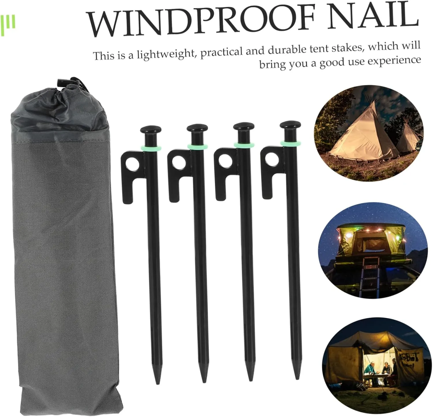 1set Heavy Duty Tent Stakes Metal Camping Pegs with Glow Storage Bag for Outdoor Tents Canopy and Awning Ground Anchors for Wind Resistance