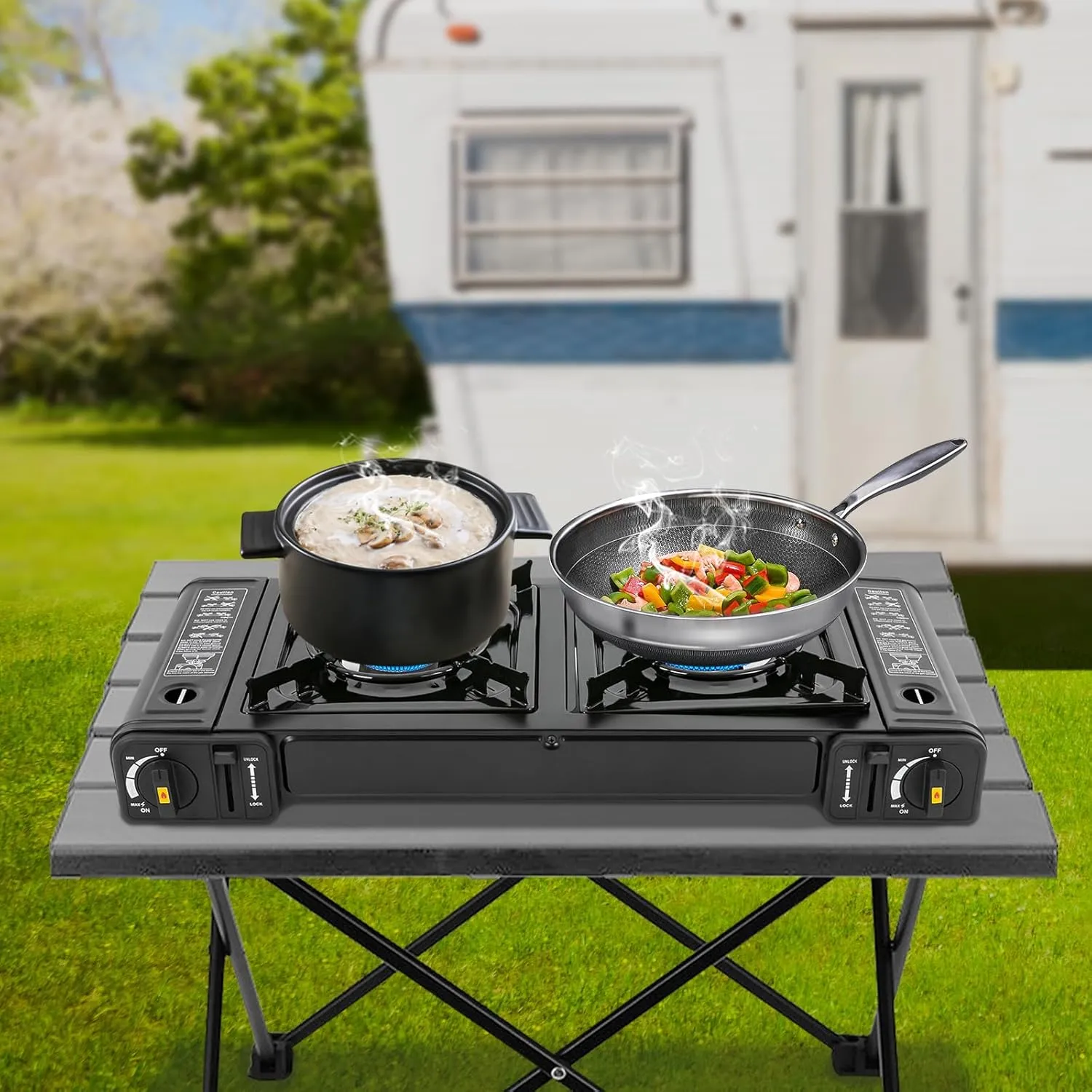 2-Burner Butane Camping Stove, Portable Camping Stove with Adjustable Burners & Carrying Case, Automatic Piezo Ignition Camping Burner for Indoor and Outdoor Use