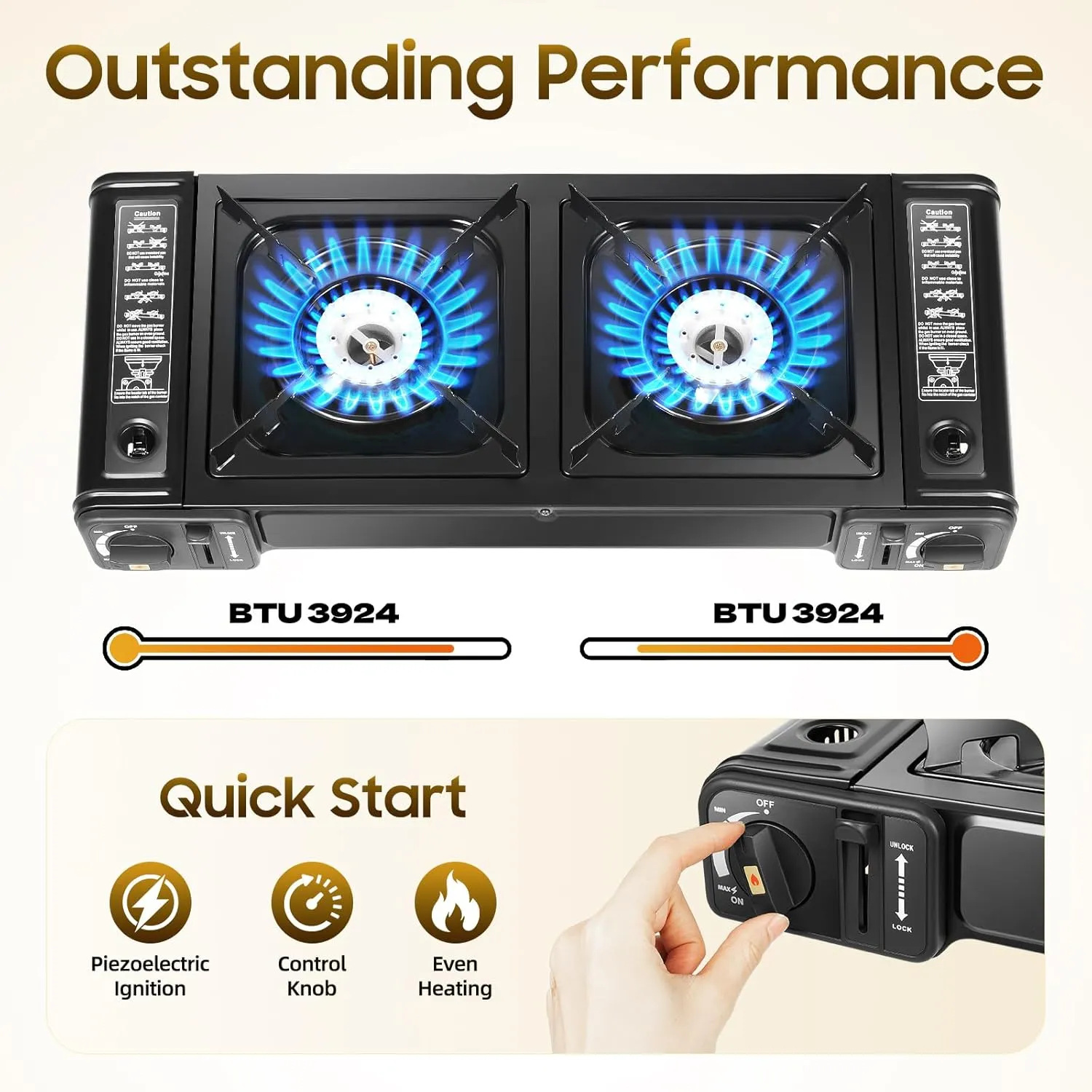 2 Burner Butane Camping Stove, Portable Outdoor Gas Stove Adjustable Burners with Grill Tray and Carrying Case for Camping RV BBQ Picnic, Black (with Grill Tray)
