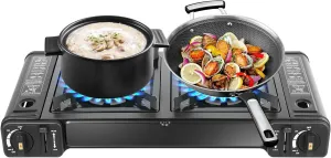 2 Burner Camp Stove, Black Portable Propane Stove Butane Camping Stove with Non-sticking Grill Tray for Camping, Traveling, Hiking, Picnicking