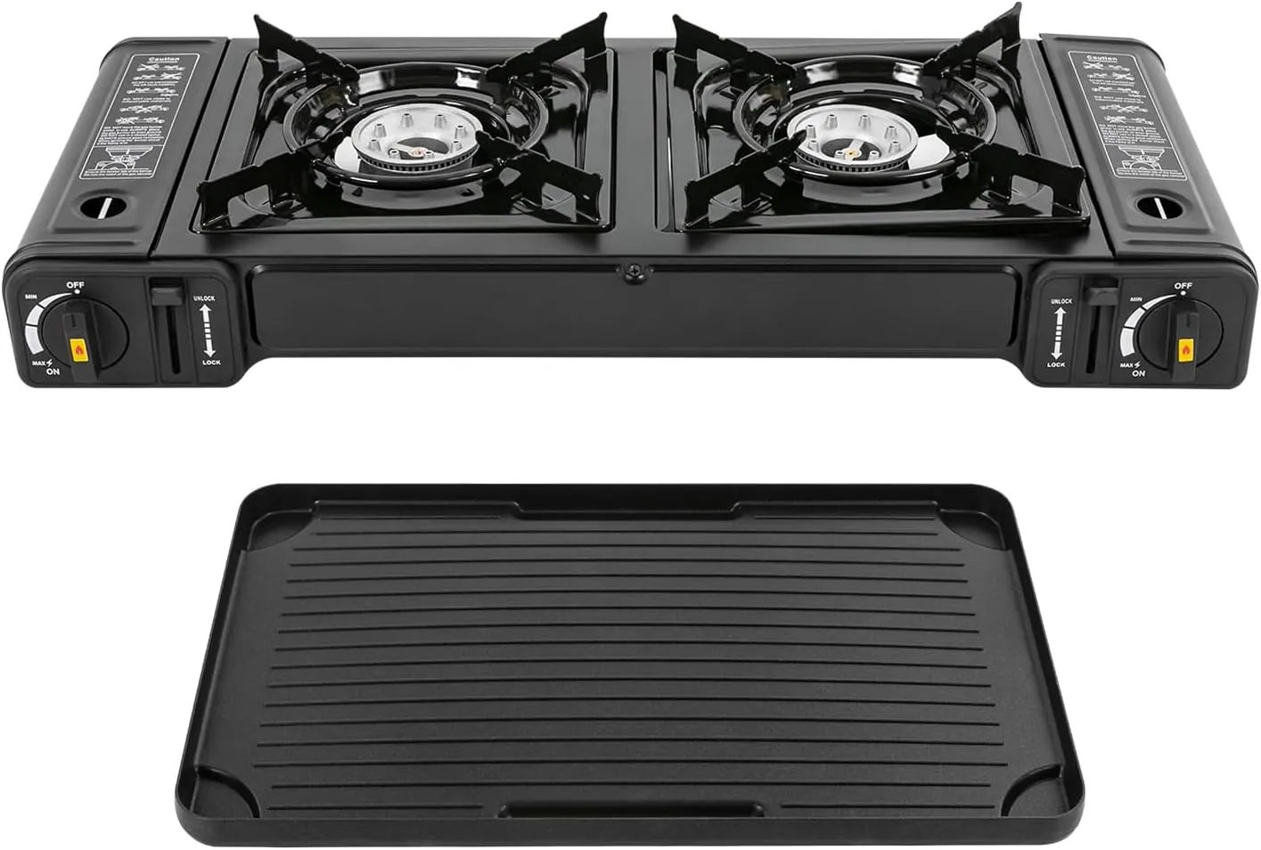 2-Burner Portable Camp Stove, Butane Camping Stove with Non-sticking Grill Tray, Outdoor Travel Camp Stove With Automatic Ignition, Safety Features, Perfect for Camping, Hiking, BBQ and Home, Black