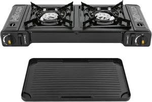 2-Burner Portable Camp Stove, Butane Camping Stove with Non-sticking Grill Tray, Outdoor Travel Camp Stove With Automatic Ignition, Safety Features, Perfect for Camping, Hiking, BBQ and Home, Black
