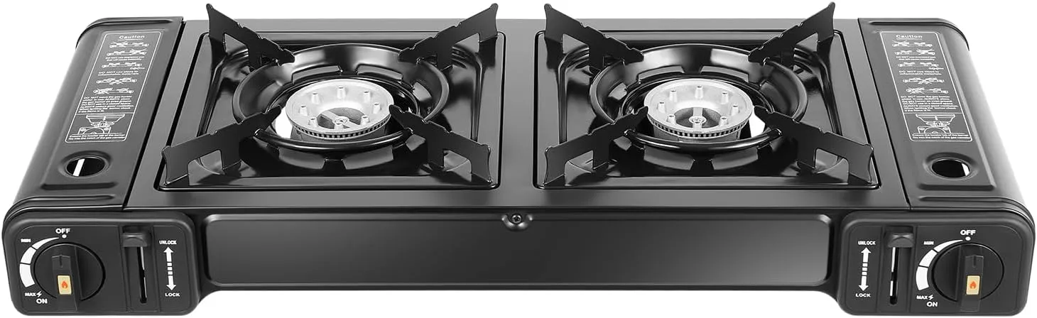 2 Burner Portable Camping Stove, Butane Camping Stove with Grill Tray, Outdoor Camp Stove for Home Camping Traveling Hiking Picnic BBQ