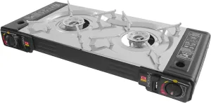 2-Burner Portable Camping Stove, High-Power 2100-2500W, Gas & Butane Compatible, Lightweight with Non-Stick Grill Pan for Easy Outdoor Cooking