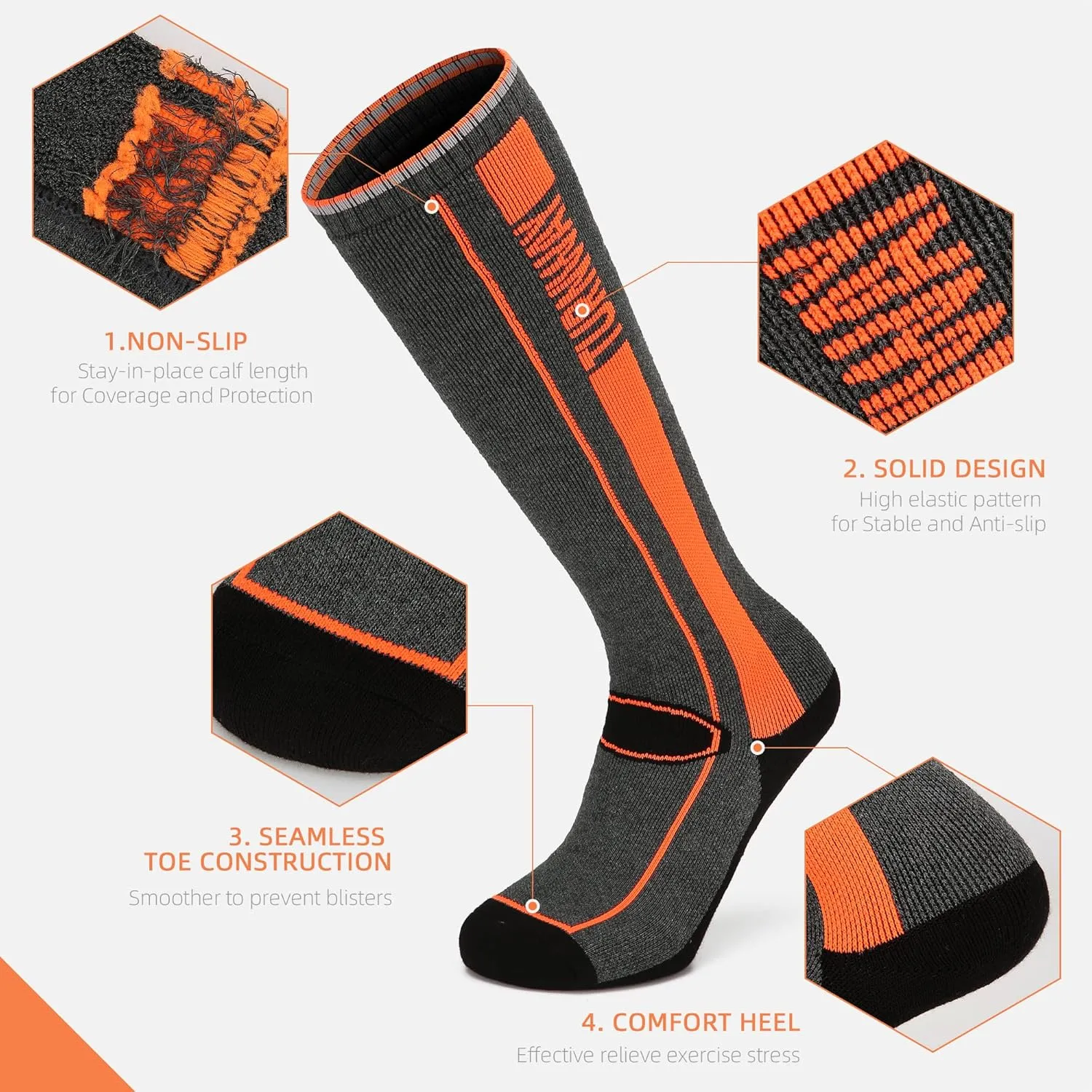 2-Pairs Ski Socks Over The Calf (OTC) for Skiing, Snowboarding, Winter Outdoor Activities for Men & Women