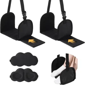 2 PCS Foot Hammock for Plane Travel with 2 Eyeshades, Plane Foot Hammock, Under Desk Foot Hammock for Office, Adjustable Length and Portable Design, No Collapse with Bamboo Board Support