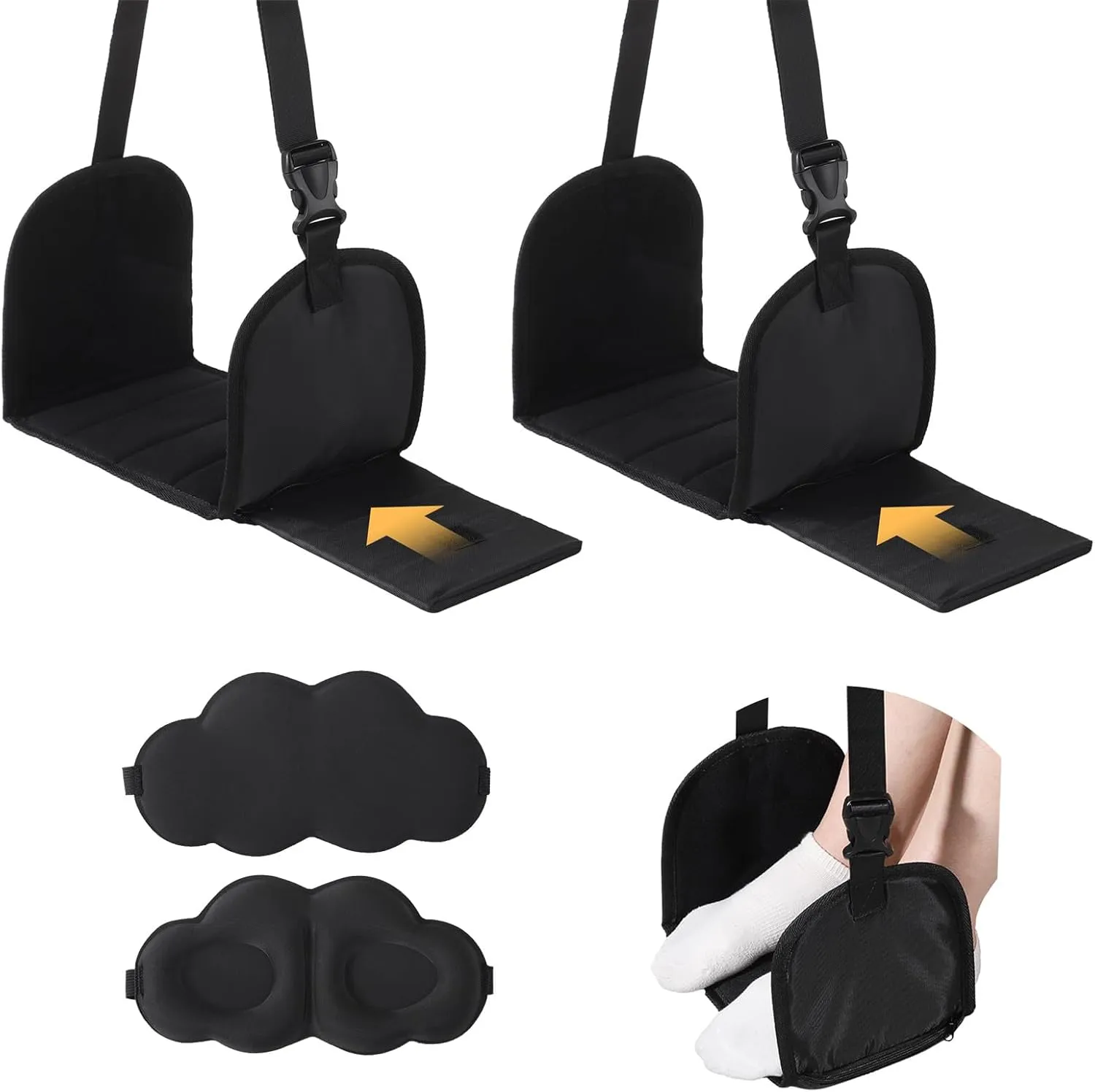2 PCS Foot Hammock for Plane Travel with 2 Eyeshades, Plane Foot Hammock, Under Desk Foot Hammock for Office, Adjustable Length and Portable Design, No Collapse with Bamboo Board Support