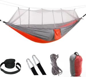 2 Person Camping Hammock with Mosquito Net Outdoor Strength Parachute Fabric Sleep Swing Portable Hanging Bed for Garden (Orange/Grey)