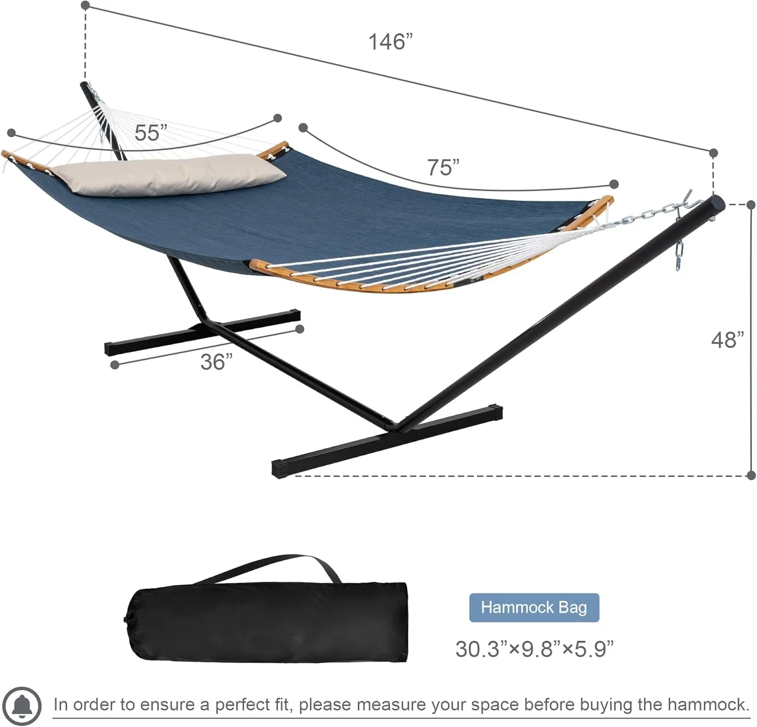 2 Person Hammock with Stand Included, Quick Dry Hammock with Curved Spreader Bars for Outside, Poolside, 450 Lbs Capacity, Dark Blue
