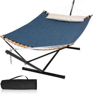 2 Person Hammock with Stand Included, Quick Dry Hammock with Curved Spreader Bars for Outside, Poolside, 450 Lbs Capacity, Dark Blue