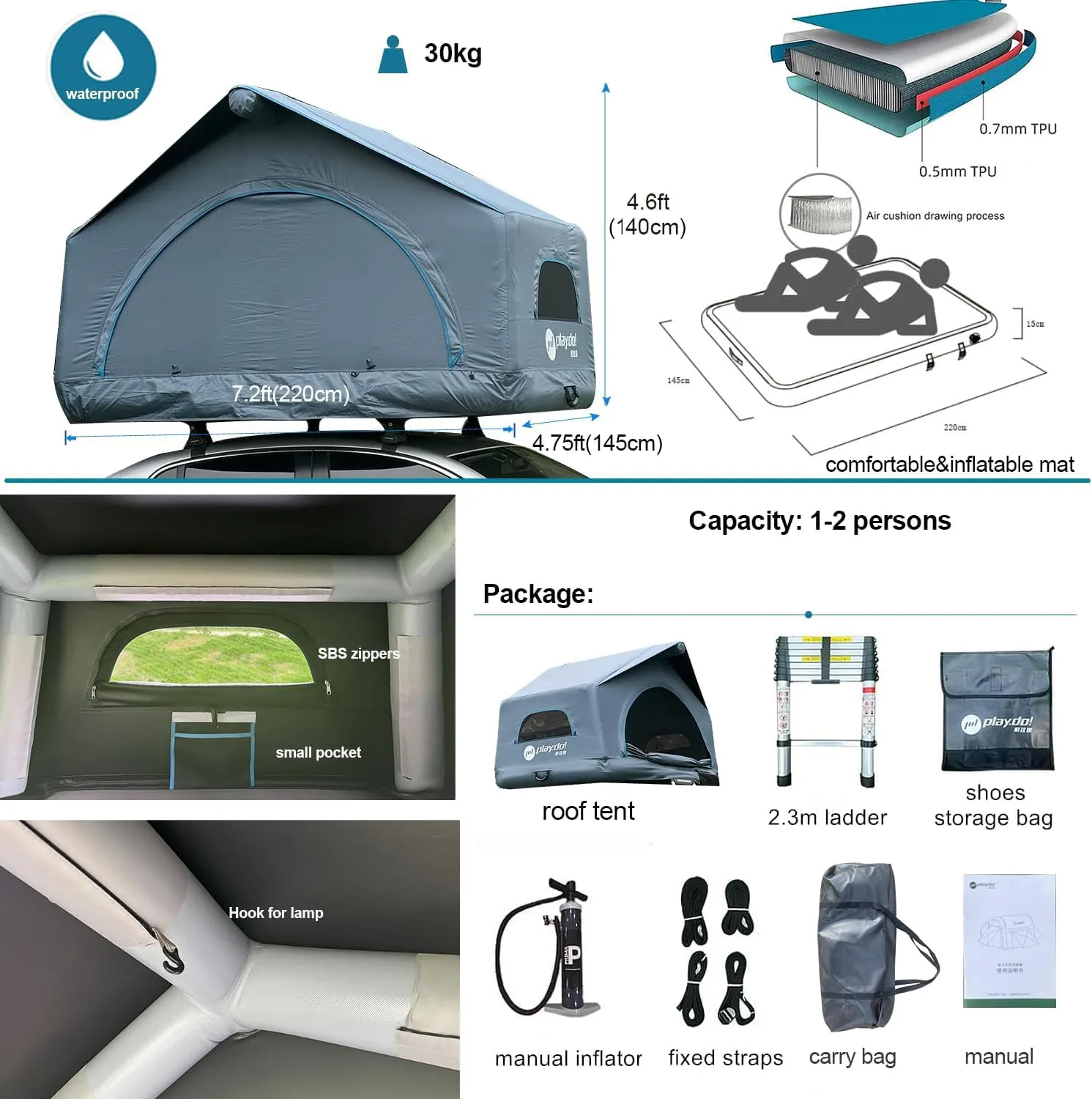 2 Person Inflatable Car Roof Top Tent with Pump,4 Season Waterproof and Sun Resitant Camping Dome Roof Top Tents Camping Tent for SUV, Truck and Universal Cars,Easy Setup