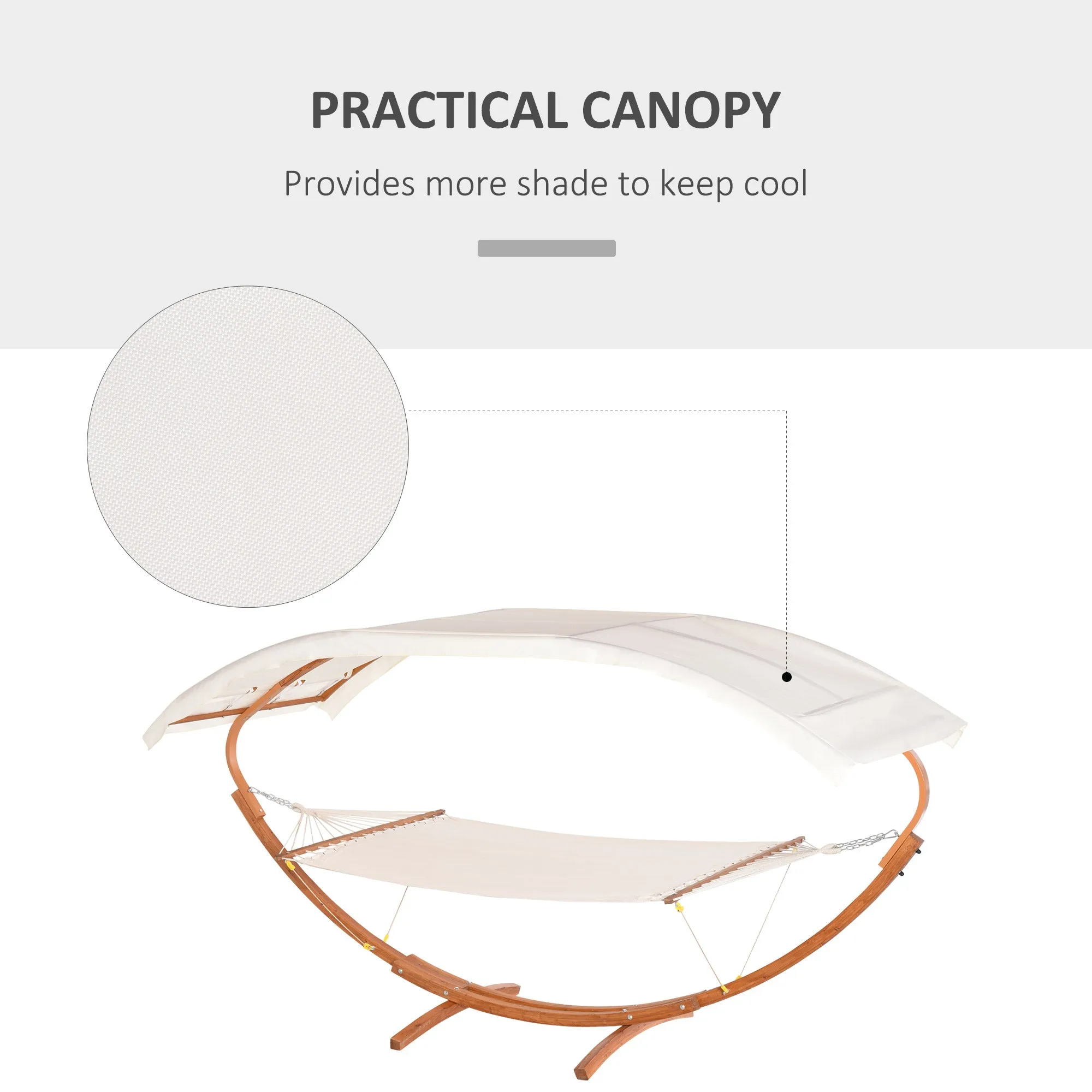 2 Person Wood Swing Arc Hammock Bed and Stand Set with Canopy, White/Teak