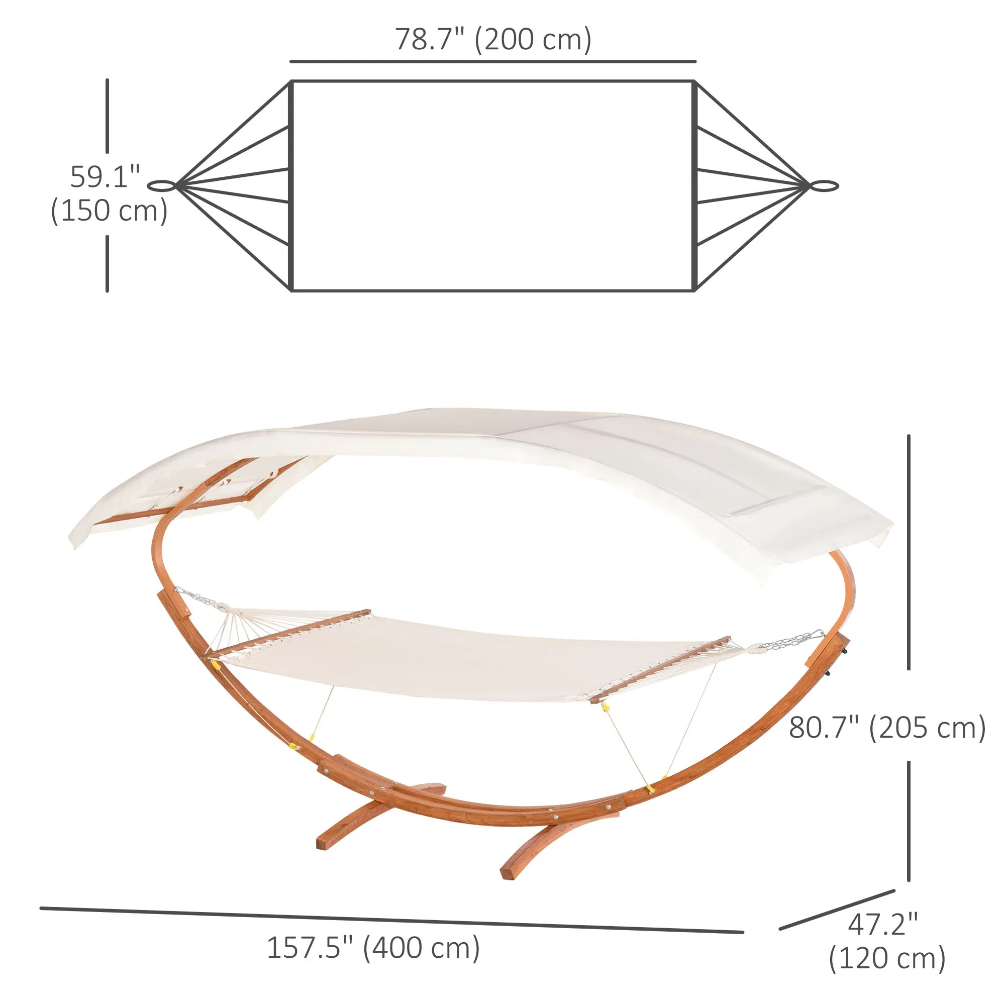 2 Person Wood Swing Arc Hammock Bed and Stand Set with Canopy, White/Teak