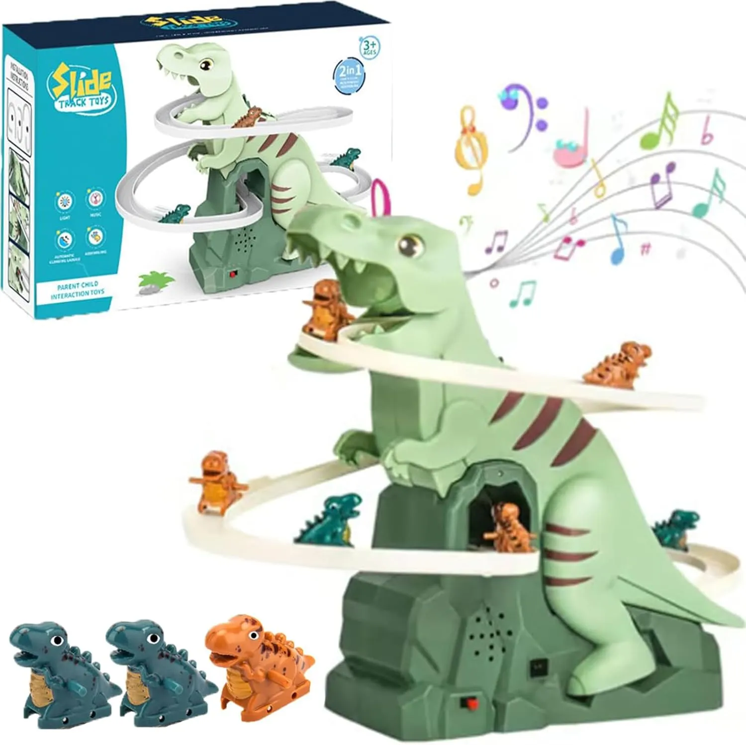 2025 Dinosaur Climbing Stairs Toy, Electric Dinosaur Climbing Stairs, Electric Race Track Game Fun Slide Roller Coaster Toy for Children's Christmas Birthday Gifts (Green)