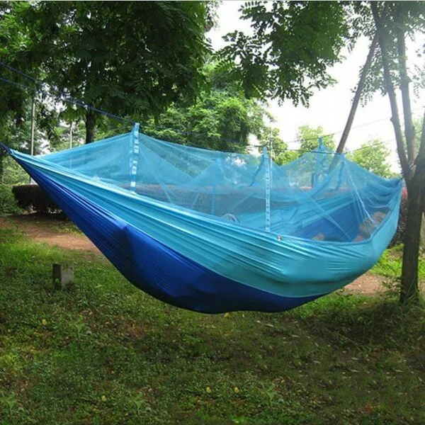 250 x 130cm Portable 1-Person Hammock with Anti-Mosquito Net Sky Blue & Blue