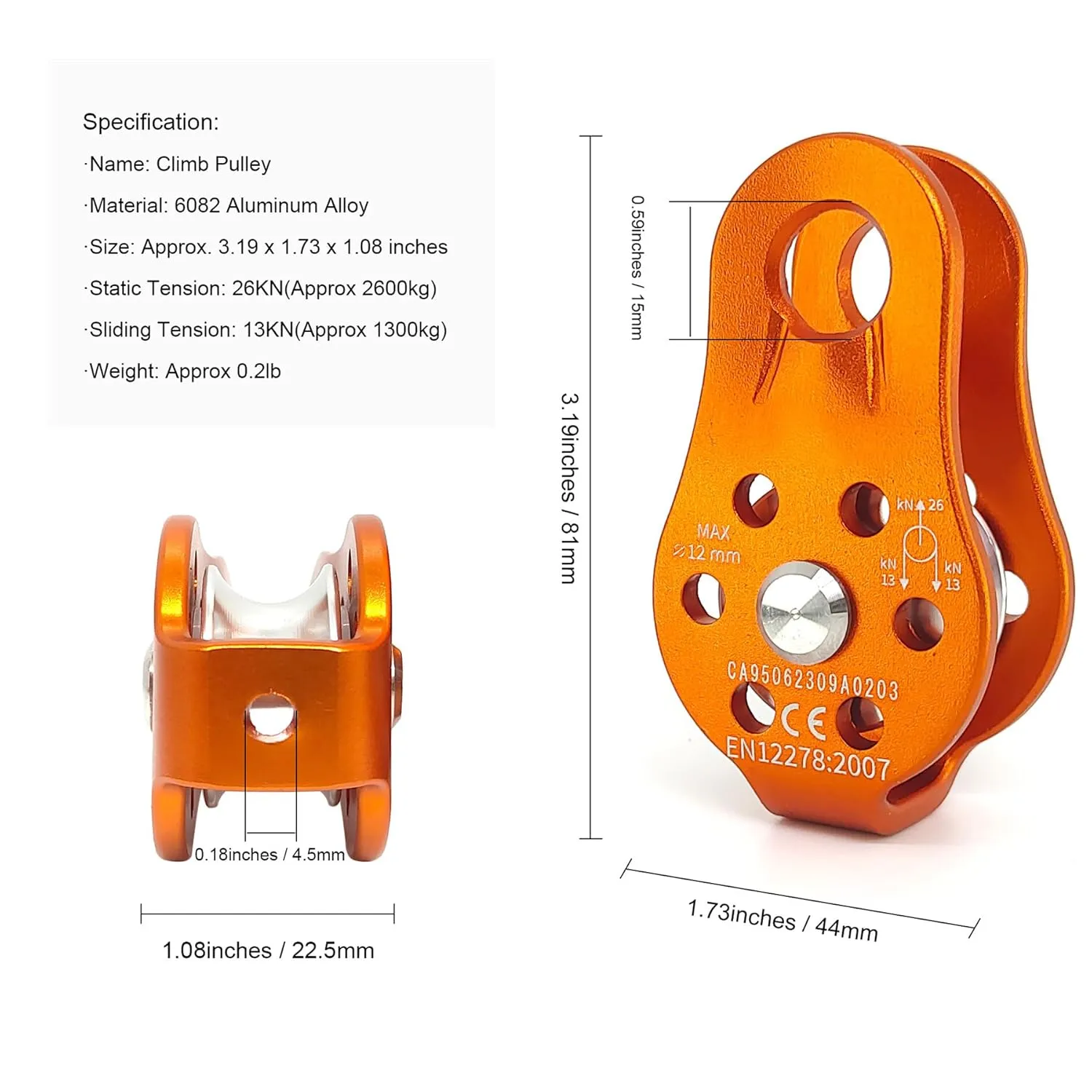 26KN Fixed Plate Micro Pulley, Small Aluminum Rope Pulleys, Climb Bearing Hitch Pulley for Climbing, Rappelling, Aloft Work Etc (26KN, Orange, 2)