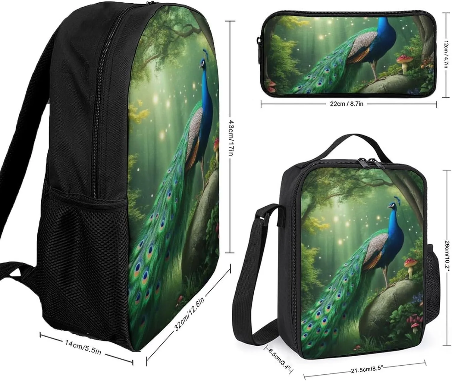 3 Pcs Peacocks Landscape Backpack Set with Insulated Lunch Bag Pencil Case 17 Inch Large Capacity Bookbag Daypack Pencil Pen Bag