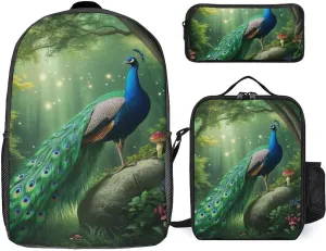 3 Pcs Peacocks Landscape Backpack Set with Insulated Lunch Bag Pencil Case 17 Inch Large Capacity Bookbag Daypack Pencil Pen Bag