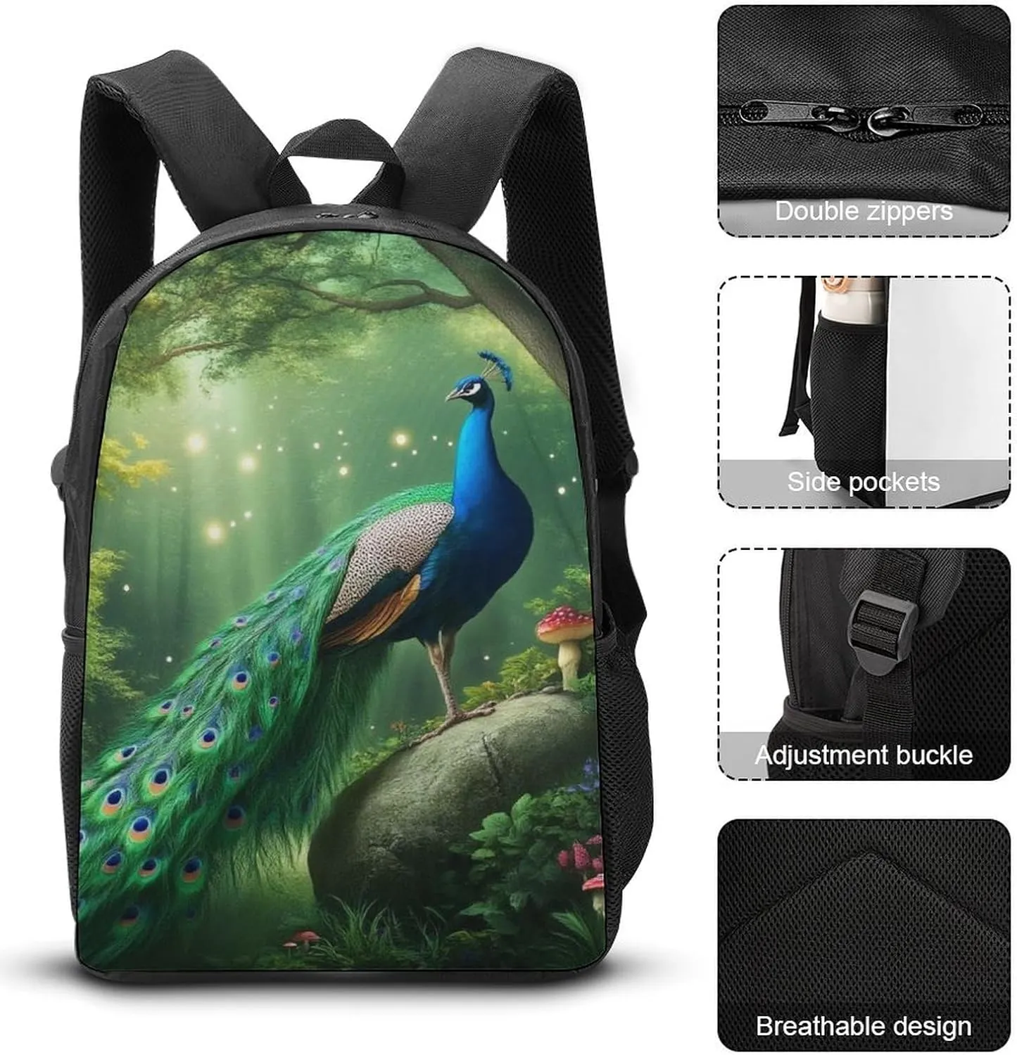 3 Pcs Peacocks Landscape Backpack Set with Insulated Lunch Bag Pencil Case 17 Inch Large Capacity Bookbag Daypack Pencil Pen Bag
