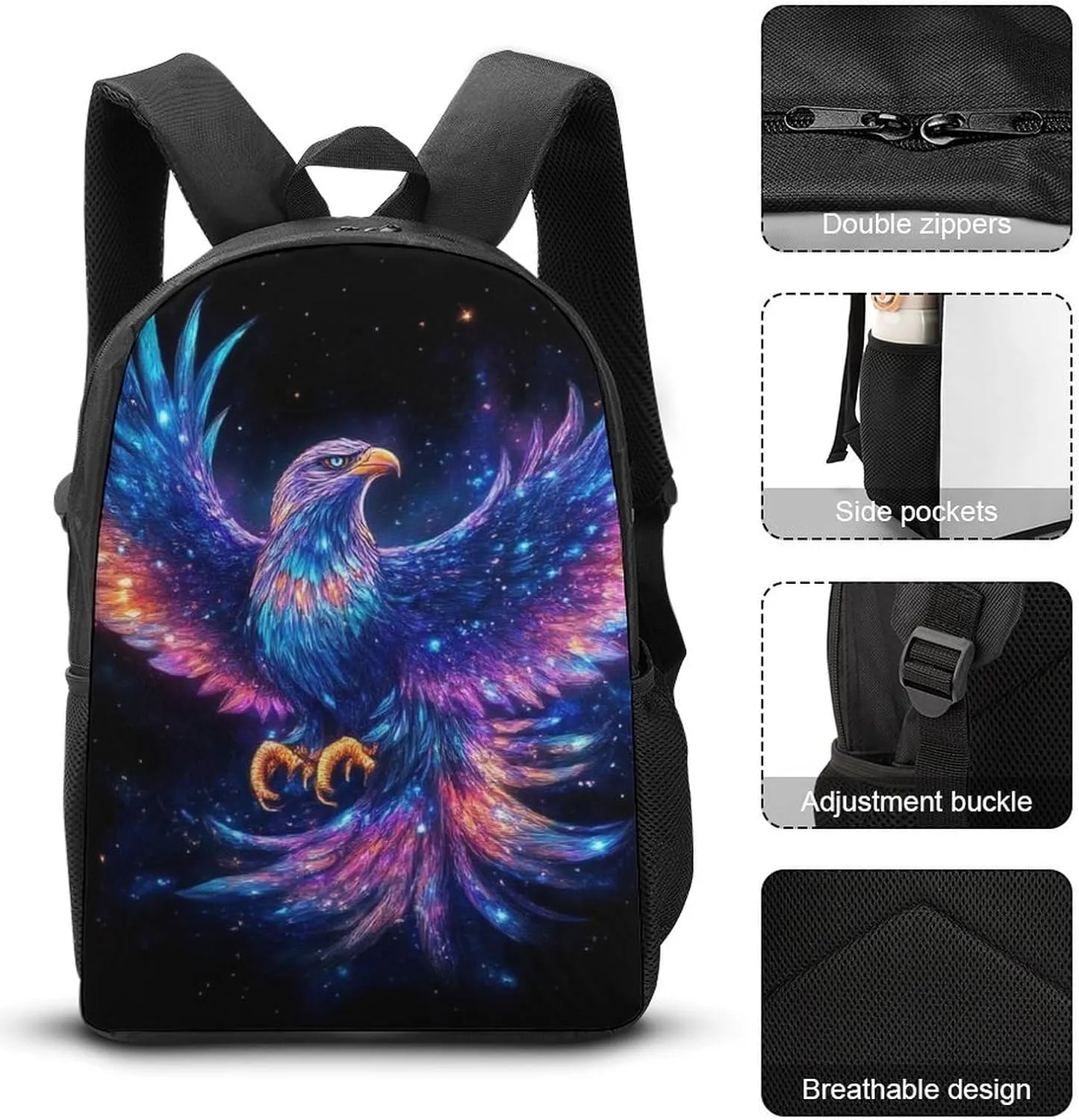 3 Pcs Space Magic Raven Bird Art Backpack Set with Insulated Lunch Bag Pencil Case 17 Inch Large Capacity Bookbag Daypack Pencil Pen Bag