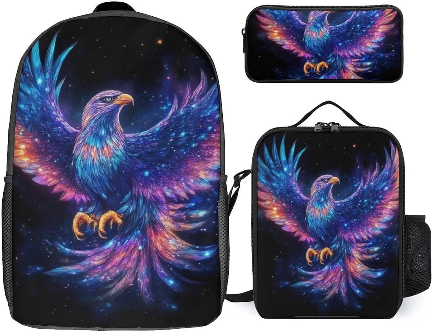 3 Pcs Space Magic Raven Bird Art Backpack Set with Insulated Lunch Bag Pencil Case 17 Inch Large Capacity Bookbag Daypack Pencil Pen Bag