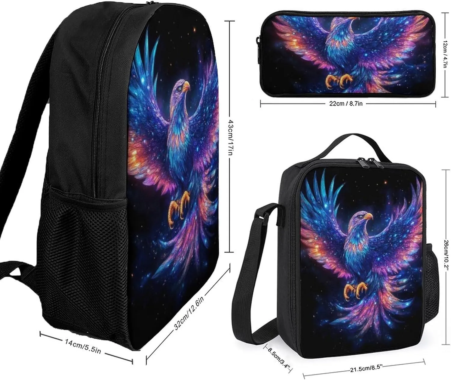 3 Pcs Space Magic Raven Bird Art Backpack Set with Insulated Lunch Bag Pencil Case 17 Inch Large Capacity Bookbag Daypack Pencil Pen Bag