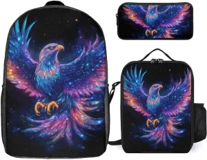 3 Pcs Space Magic Raven Bird Art Backpack Set with Insulated Lunch Bag Pencil Case 17 Inch Large Capacity Bookbag Daypack Pencil Pen Bag