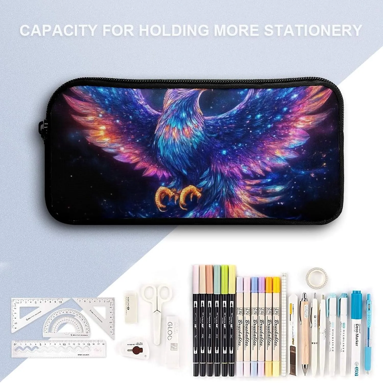 3 Pcs Space Magic Raven Bird Art Backpack Set with Insulated Lunch Bag Pencil Case 17 Inch Large Capacity Bookbag Daypack Pencil Pen Bag
