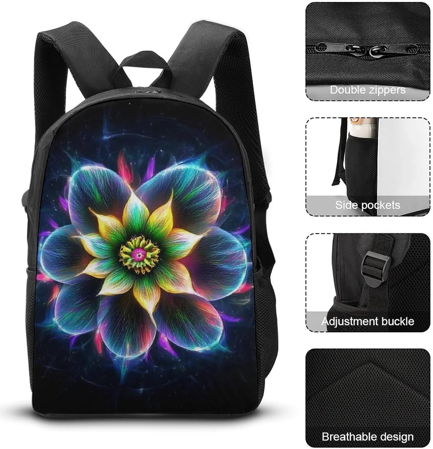 3 Piece Backpack Set, Trippy Lotus Floral Flower Casual Backpack Reusable Insulated Lunchbox with Stationery Pencil Pouch 17 Inch Daypack