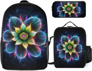 3 Piece Backpack Set, Trippy Lotus Floral Flower Casual Backpack Reusable Insulated Lunchbox with Stationery Pencil Pouch 17 Inch Daypack