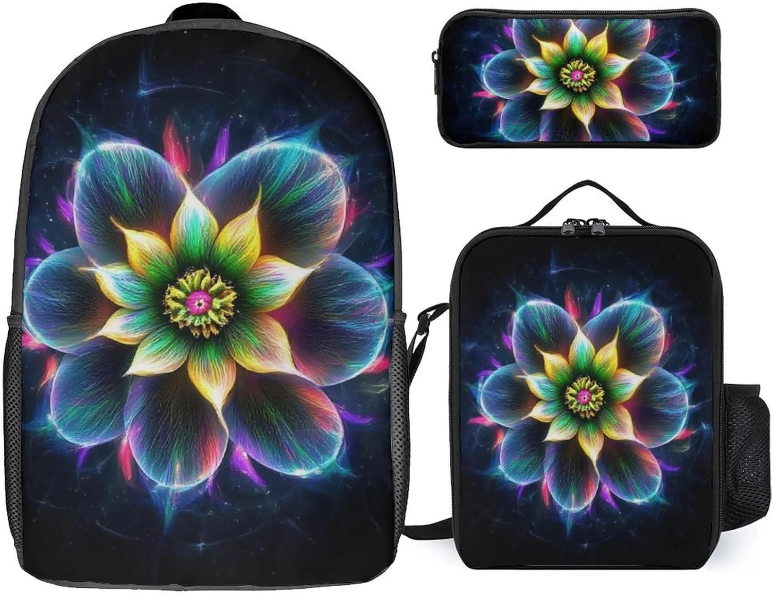 3 Piece Backpack Set, Trippy Lotus Floral Flower Casual Backpack Reusable Insulated Lunchbox with Stationery Pencil Pouch 17 Inch Daypack