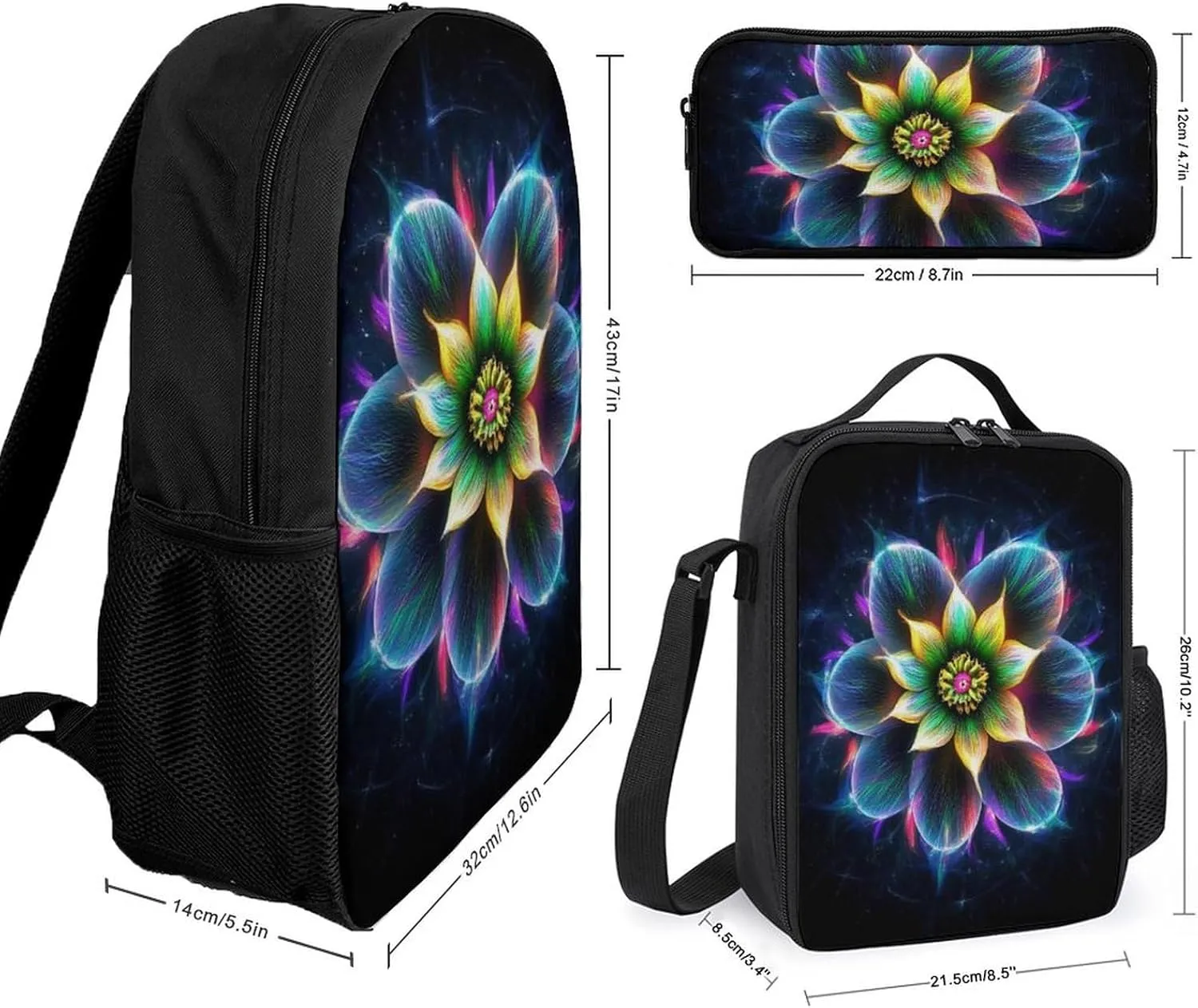 3 Piece Backpack Set, Trippy Lotus Floral Flower Casual Backpack Reusable Insulated Lunchbox with Stationery Pencil Pouch 17 Inch Daypack
